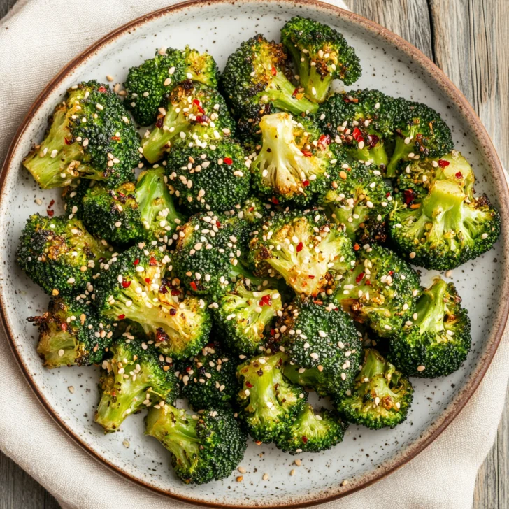 Crispy air fryer broccoli on a white plate garnished with sesame seeds and red pepper flakes on a wooden table