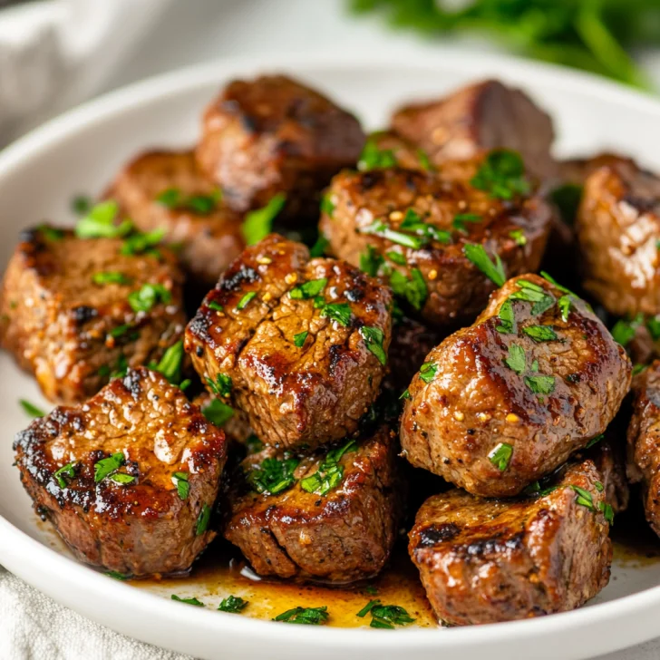 Air fryer garlic butter steak bites glistening on a white plate, garnished with fresh parsley, bright lighting, clean background