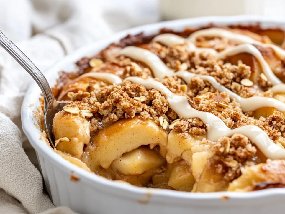 Easy Apple Cinnamon Roll Casserole Recipe – Perfect for Breakfast or Dessert! Golden apple cinnamon roll casserole in a white baking dish, topped with streusel and cinnamon icing, on a light wooden table