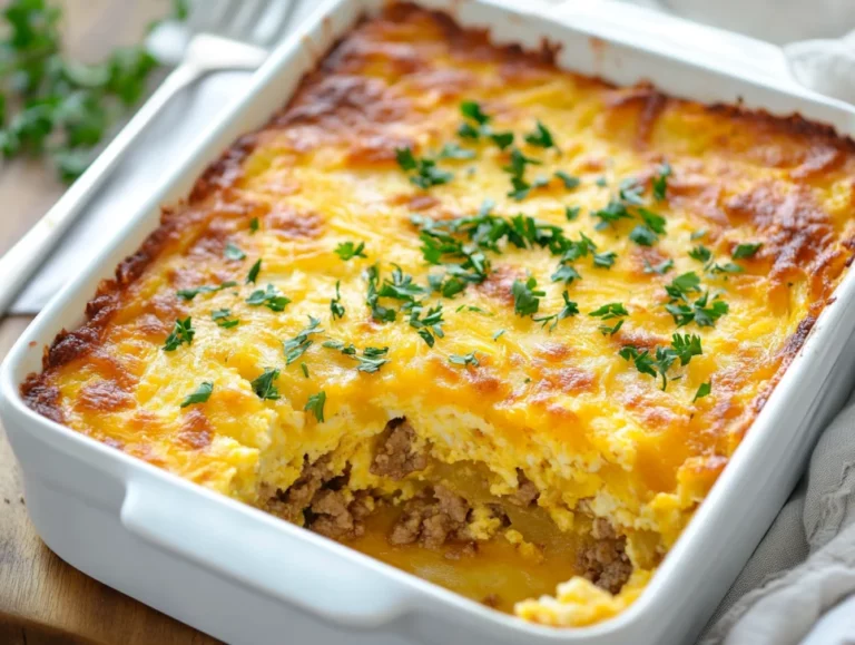 Golden breakfast casserole with hash browns, sausage, eggs, and cheese in a white dish garnished with parsley.