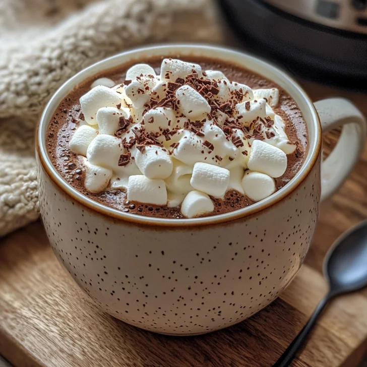 Mug of best crockpot hot chocolate topped with whipped cream, mini marshmallows, and chocolate shavings on a light wooden surface