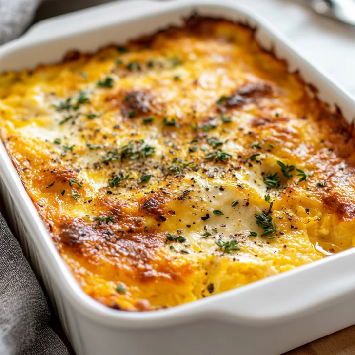 Golden cheesy egg casserole in a white baking dish with a plated slice, garnished with Italian herbs on a light wooden table