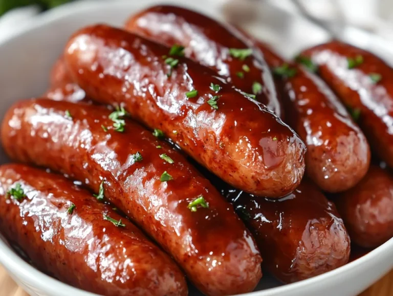 Glossy crockpot grape jelly little smokies in a white dish, garnished with fresh parsley on a light wooden surface