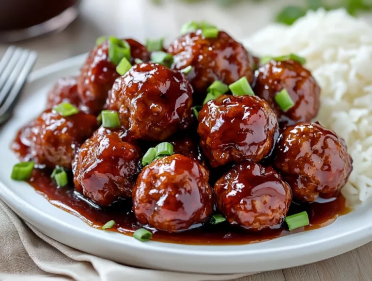 Crockpot grape jelly meatballs glazed in tangy sauce, garnished with green onions, served on a white plate with rice.