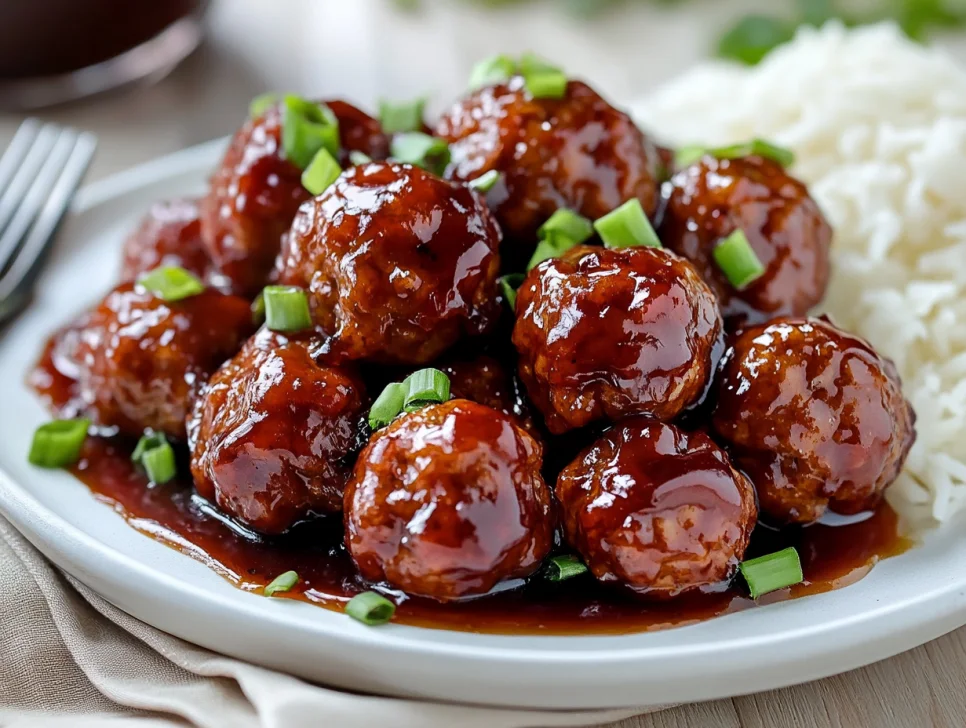 Crockpot grape jelly meatballs glazed in tangy sauce, garnished with green onions, served on a white plate with rice.