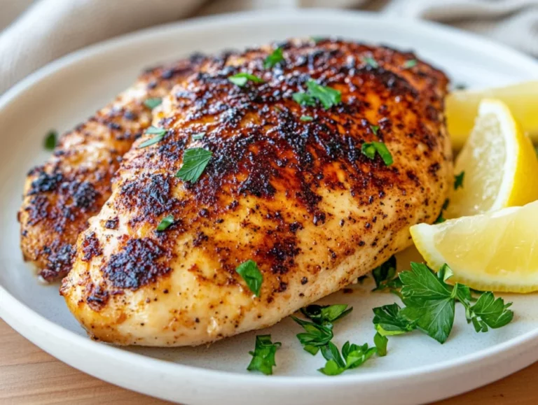 Juicy air fryer chicken breast on a white plate, garnished with parsley and lemon wedges, on a light wooden table