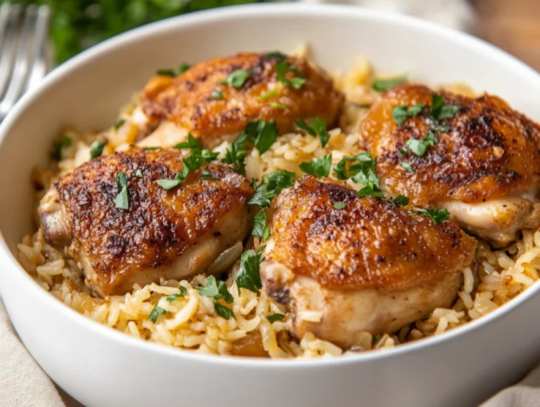 Golden-brown chicken thighs nestled in fluffy rice, garnished with fresh parsley in a white bowl on a light wood surface