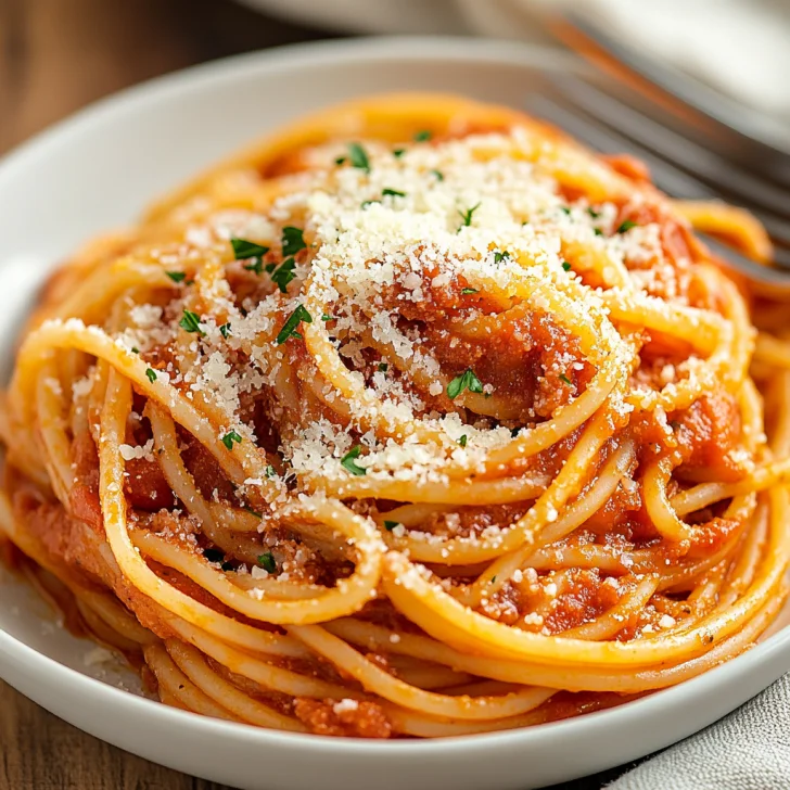 Plate of one pot spaghetti garnished with Parmesan cheese and fresh parsley on a light wooden table with a silver fork
