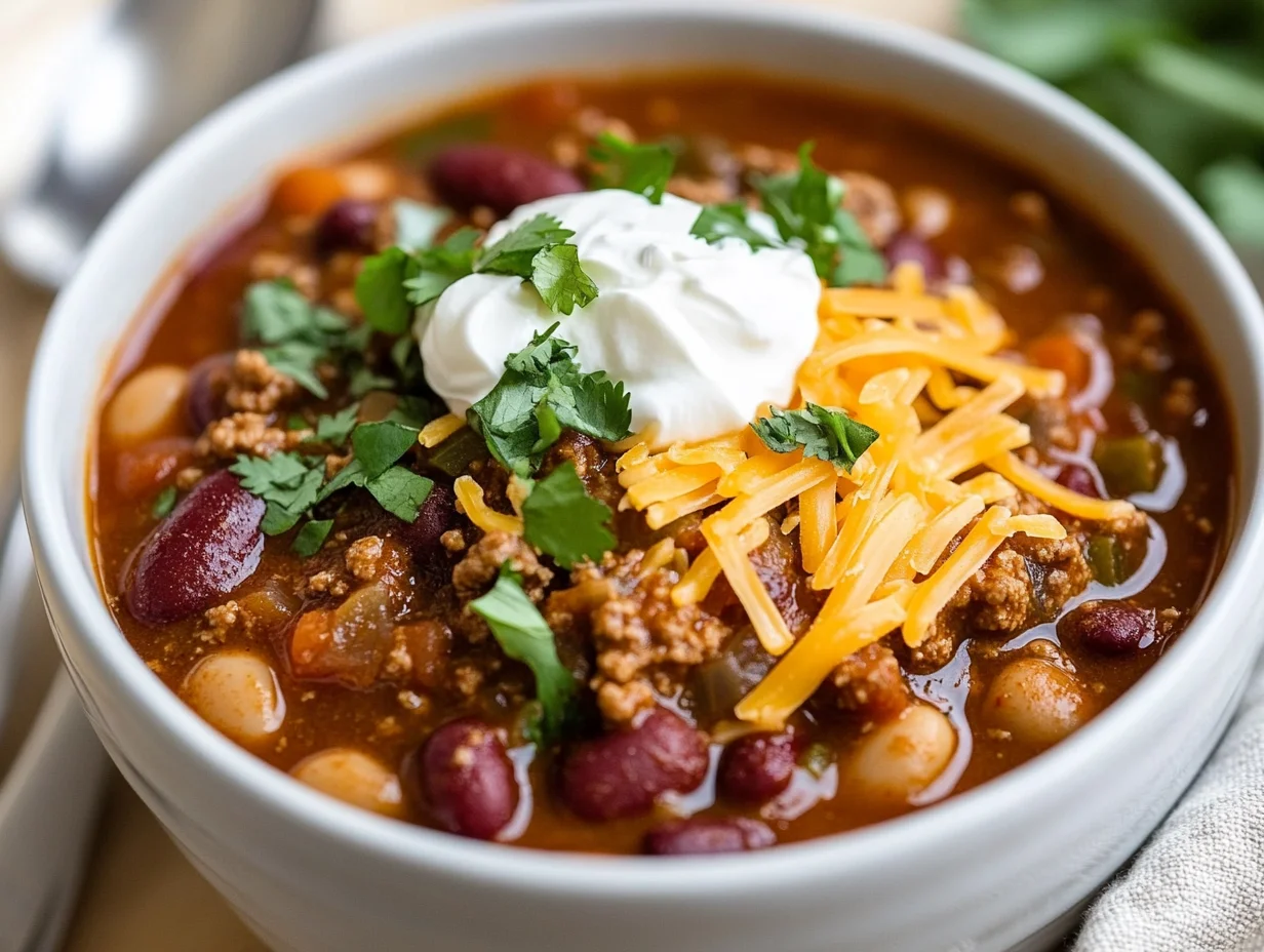 Bowl of slow cooker chili topped with sour cream, shredded cheddar, and fresh cilantro on a light wood table