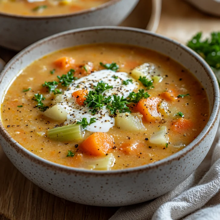 Bowl of creamy slow cooker vegetable soup with chunks of carrot and parsnip, garnished with cream and parsley on a wooden table.