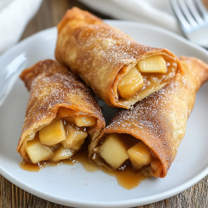 Crispy golden air fryer apple pie egg rolls on a white plate, dusted with cinnamon sugar and drizzled with caramel sauce