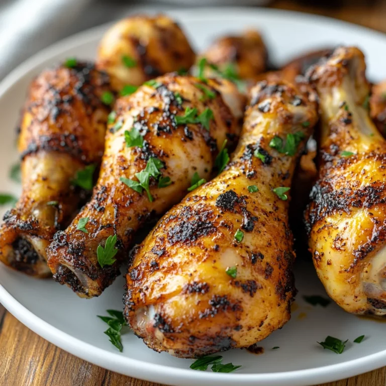Crispy Air Fryer Chicken Drumsticks arranged on a white plate, garnished with fresh parsley, and a soft background
