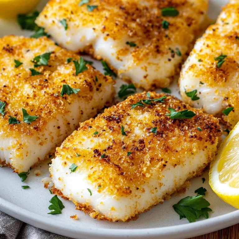 Crispy Air Fryer Cod Fillets on a white plate garnished with parsley, showcasing a golden crunchy crust