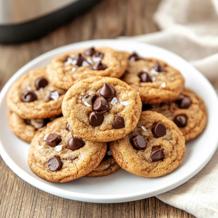 Air Fryer Cookies: The Ultimate Quick and Easy Chocolate Chip Treat Golden brown air fryer chocolate chip cookies stacked on a white plate, with gooey melted chocolate and crisp edges under soft lighting.