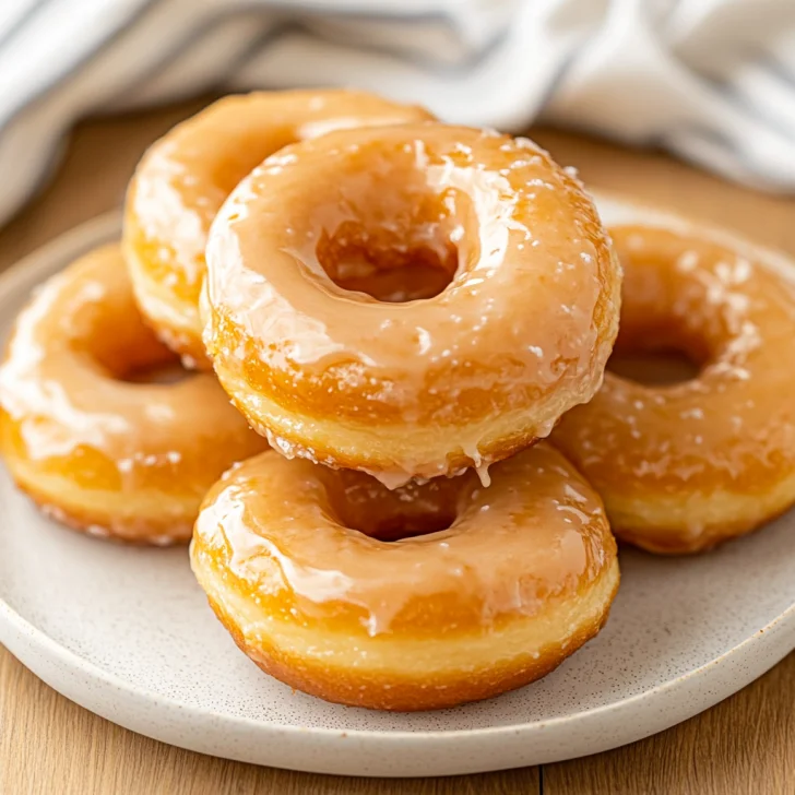 Golden air fryer glazed donuts on a white plate with shiny vanilla glaze dripping and powdered sugar topping, on a wooden table.