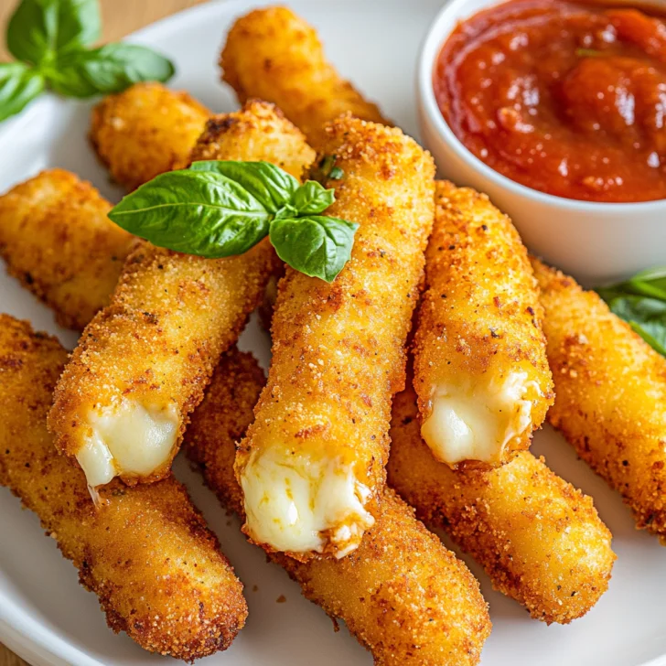 Crispy Air Fryer Mozzarella Sticks on a white plate with marinara sauce and fresh basil garnish