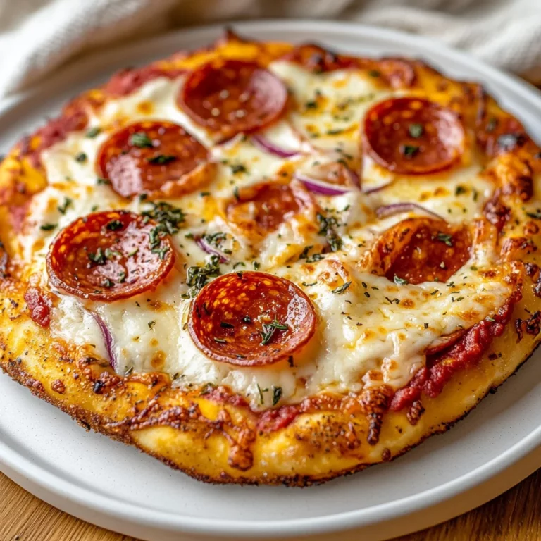 Crispy air fryer pizza on a white plate topped with melty cheese, pepperoni, and dried herbs, set on a light wooden table.