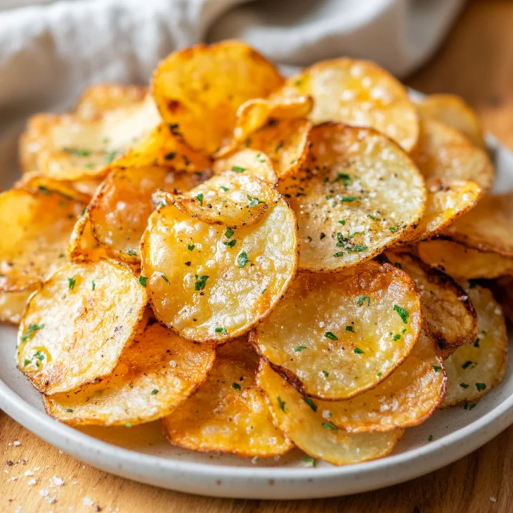 Air Fryer Potato Chips: Crispy Homemade Chips in 35 Minutes or Less Crispy air fryer potato chips on a white plate with a light kitchen towel, showcasing golden color and texture