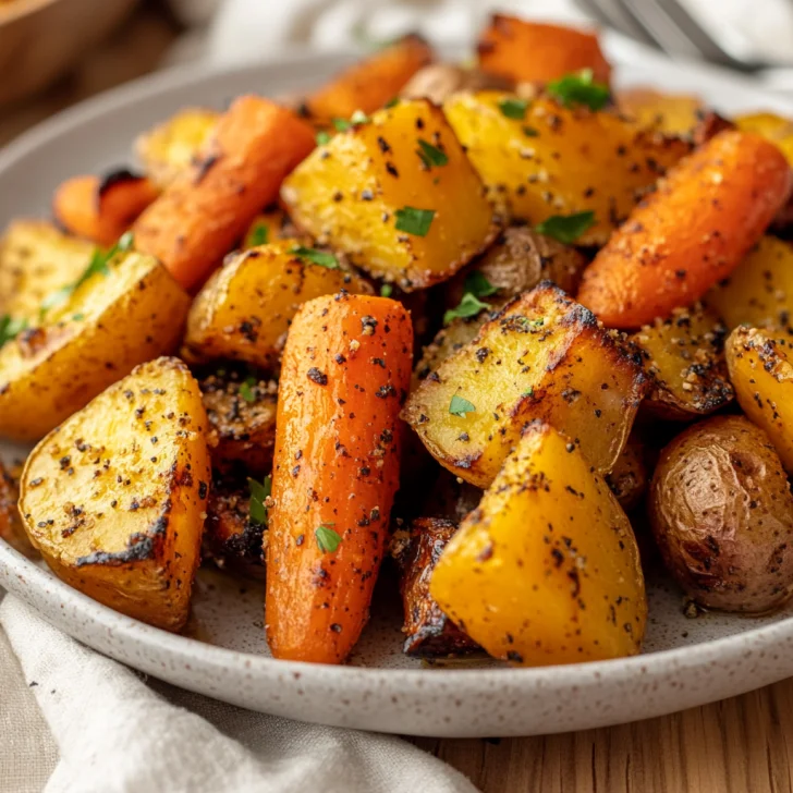 Crispy, golden air fryer roasted carrots and red potatoes on a white plate, garnished with fresh parsley on a light wooden table