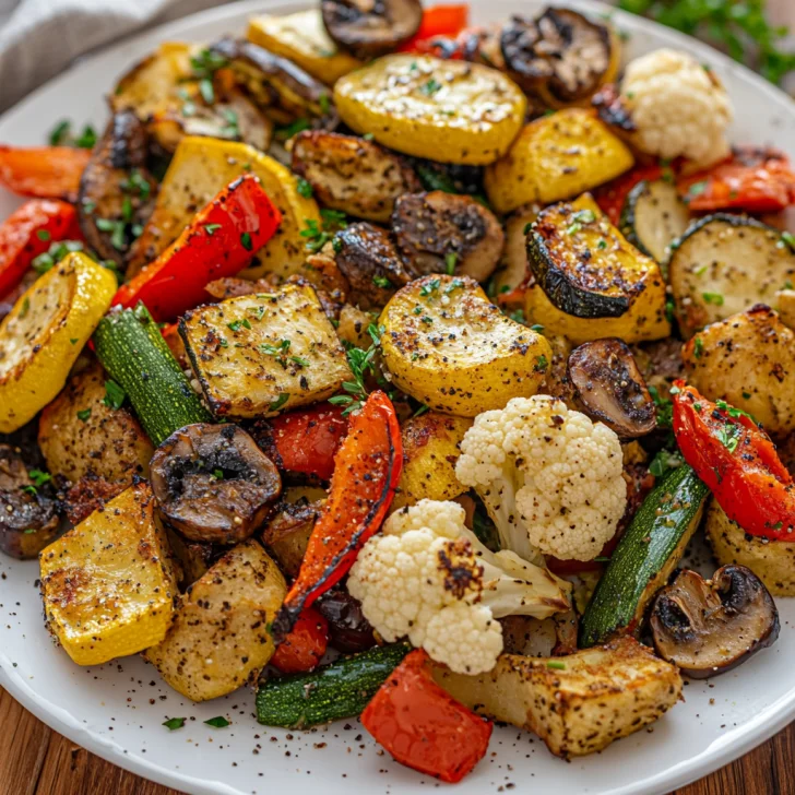 Colorful air fryer roasted vegetables on a white plate, garnished with parsley, showcasing crispy edges and fresh colors