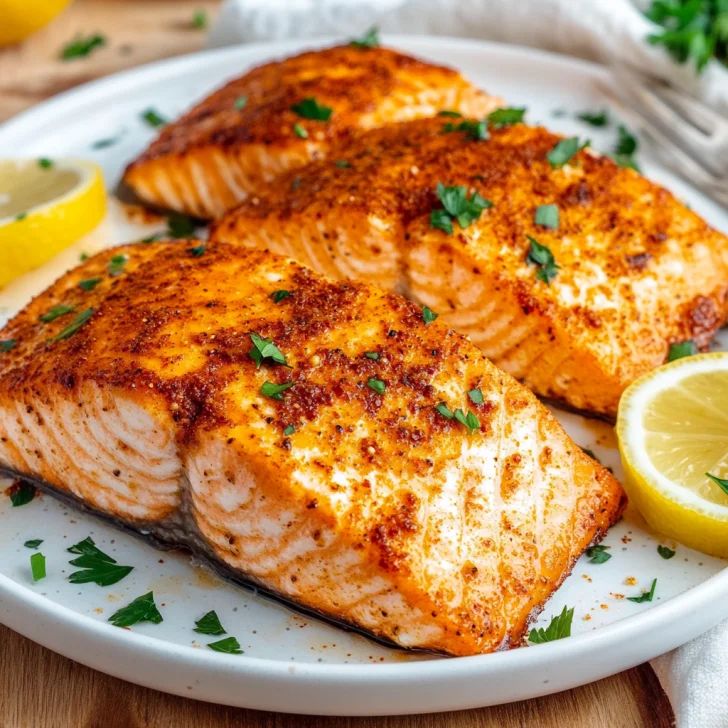 Golden air fryer salmon fillets on a white plate, garnished with parsley and lemon wedges, crispy edges and flaky texture