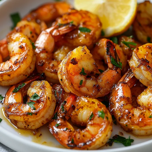 Crispy Air Fryer Shrimp on a white plate with fresh parsley and lemon wedges