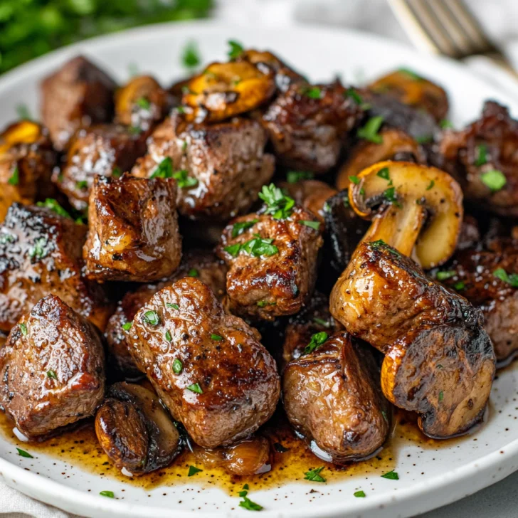 Juicy air fryer steak bites with roasted mushrooms and onions on a white plate, garnished with fresh parsley leaves