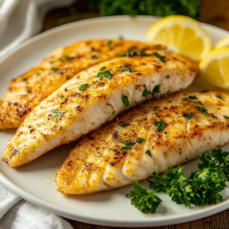 Air Fryer Tilapia served on a white plate, garnished with lemon wedges and parsley, showcasing a crispy texture