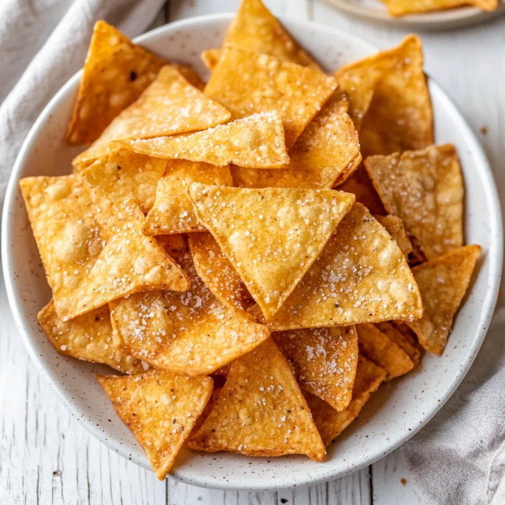 Crispy Air Fryer Tortilla Chips on a white plate topped with sea salt and fresh cilantro