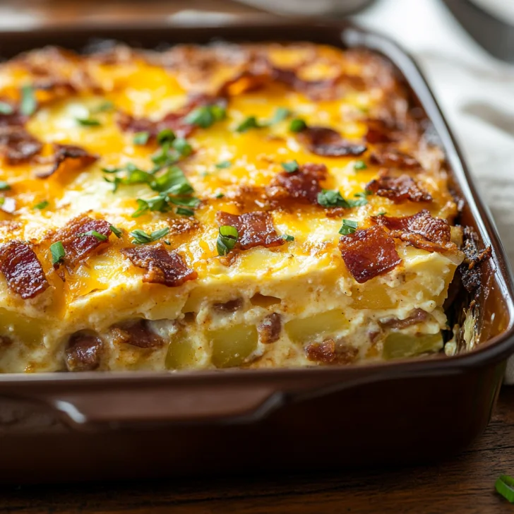 Amish Breakfast Casserole in a white dish, topped with melted cheese and crispy bacon, served on a light wooden table.