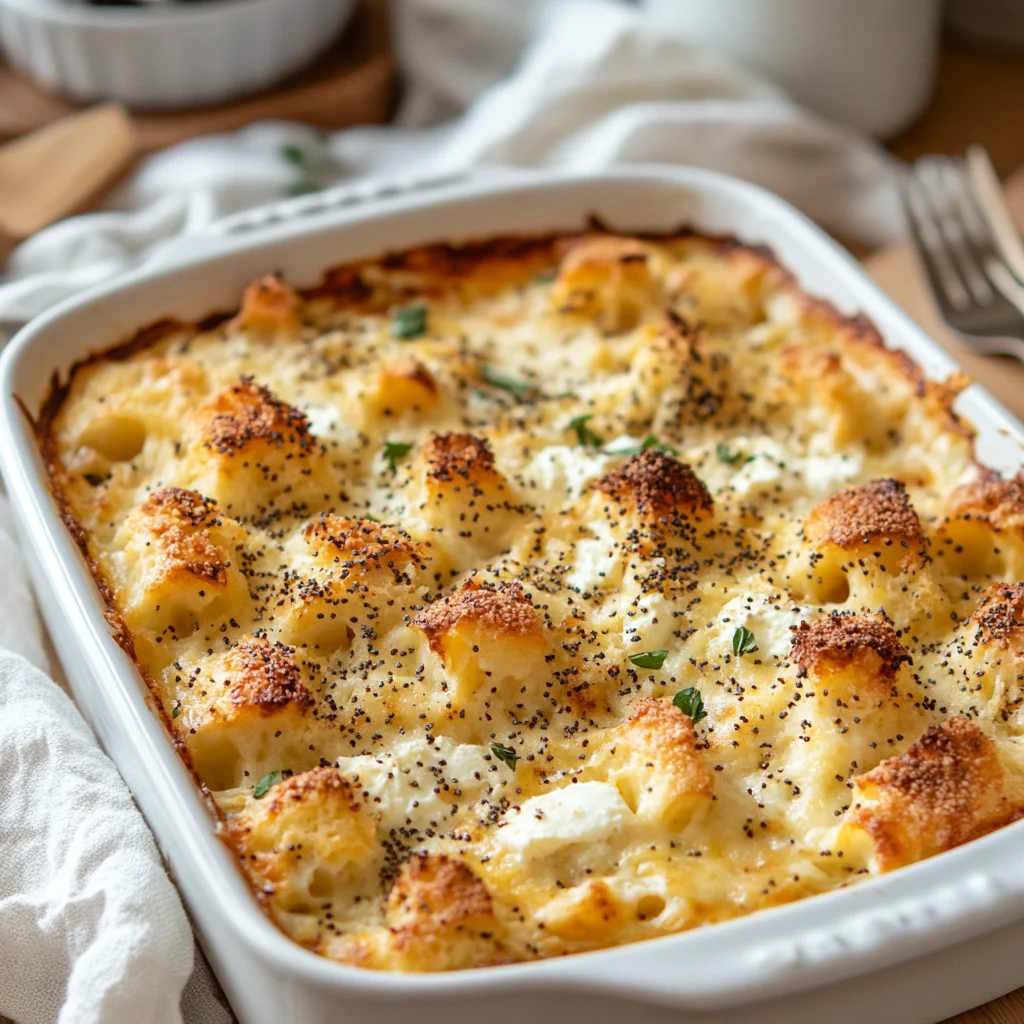 The Best Bagel Breakfast Casserole for Easy Mornings Bagel Breakfast Casserole with cream cheese and everything bagel seasoning, served in a white dish on a wooden table