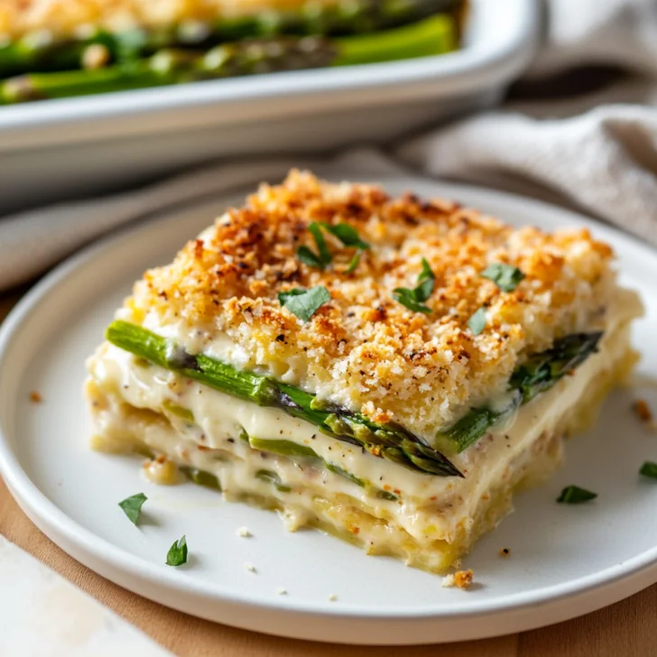 Baked asparagus casserole in a white dish, topped with golden Ritz cracker crumbs and melted cheese