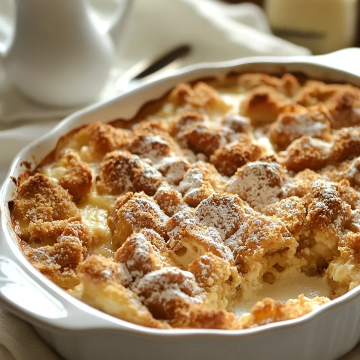 Baked cream cheese french toast casserole with golden crumb topping, dusted with powdered sugar, in a white baking dish