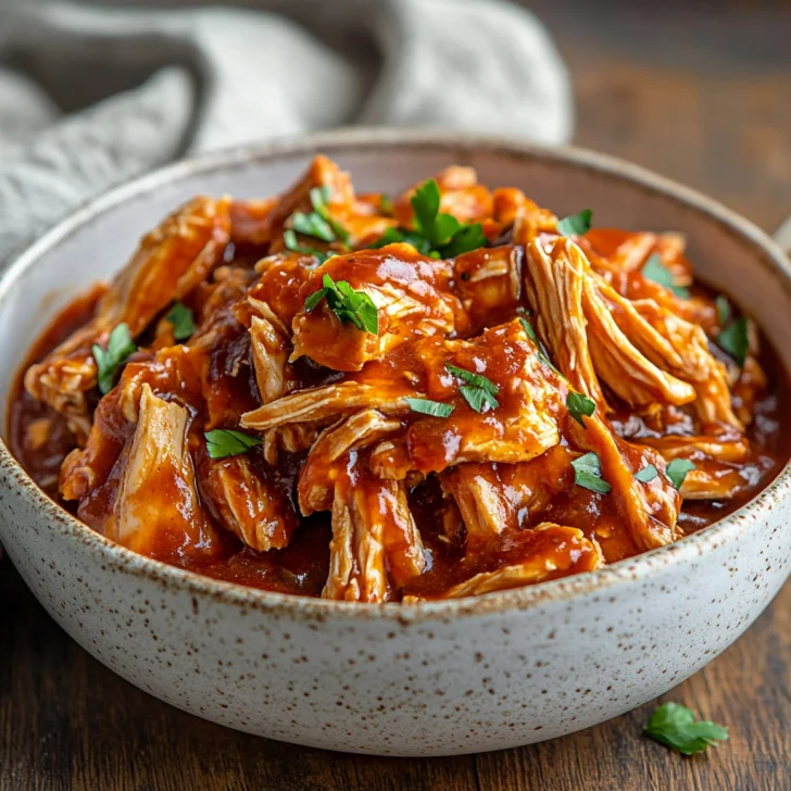 Best Crockpot BBQ Chicken on a light ceramic plate, garnished with fresh parsley and coated in barbecue sauce.