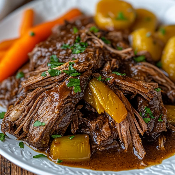 Best Mississippi pot roast served on a white plate with pepperoncini peppers, roasted carrots, potatoes, and parsley garnish