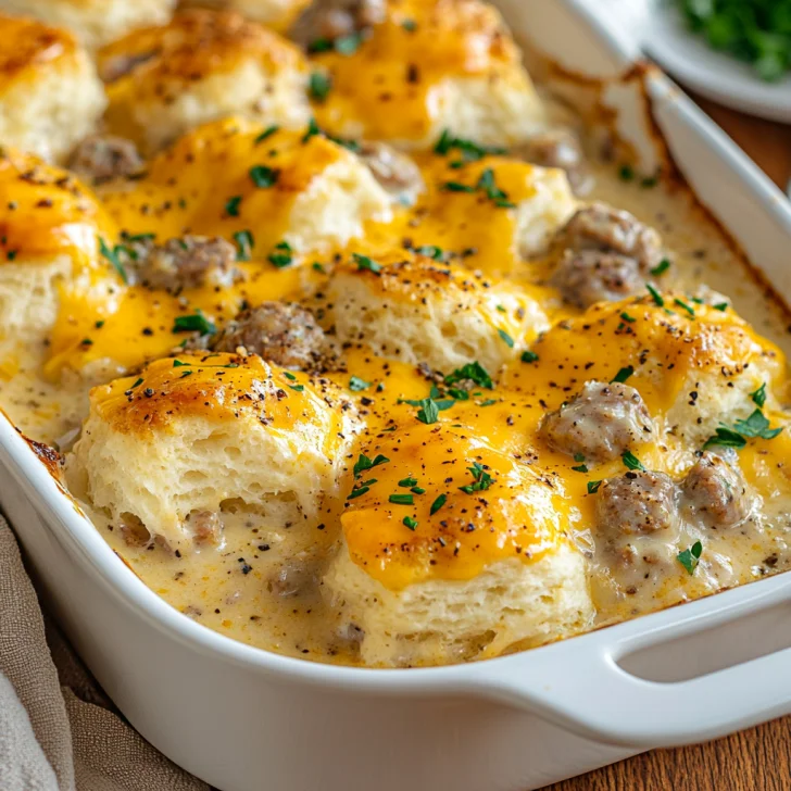 Golden biscuits and gravy casserole in a white baking dish topped with melted cheese and parsley, set on a wooden table.