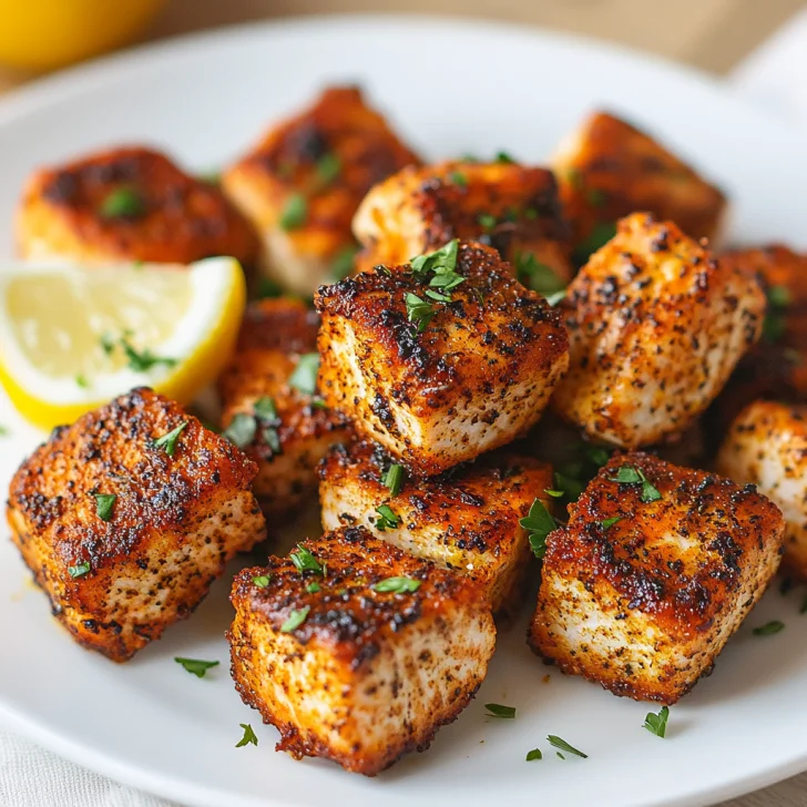 Crispy Blackened Salmon Bites Air Fryer on a white plate garnished with parsley and lemon wedges