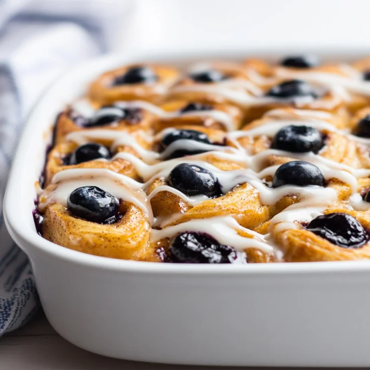 Golden blueberry cinnamon roll casserole in a white baking dish, topped with icing and fresh blueberries on a wooden table.