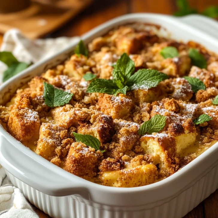 Warm brioche french toast casserole dusted with powdered sugar and fresh mint on a white plate.