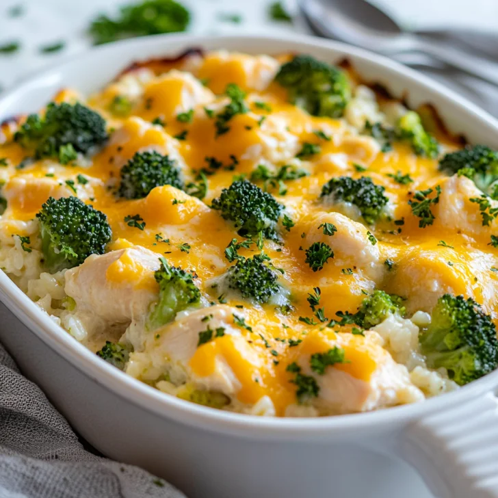 Chicken broccoli rice casserole in a white baking dish topped with melted cheddar cheese and garnished with fresh parsley
