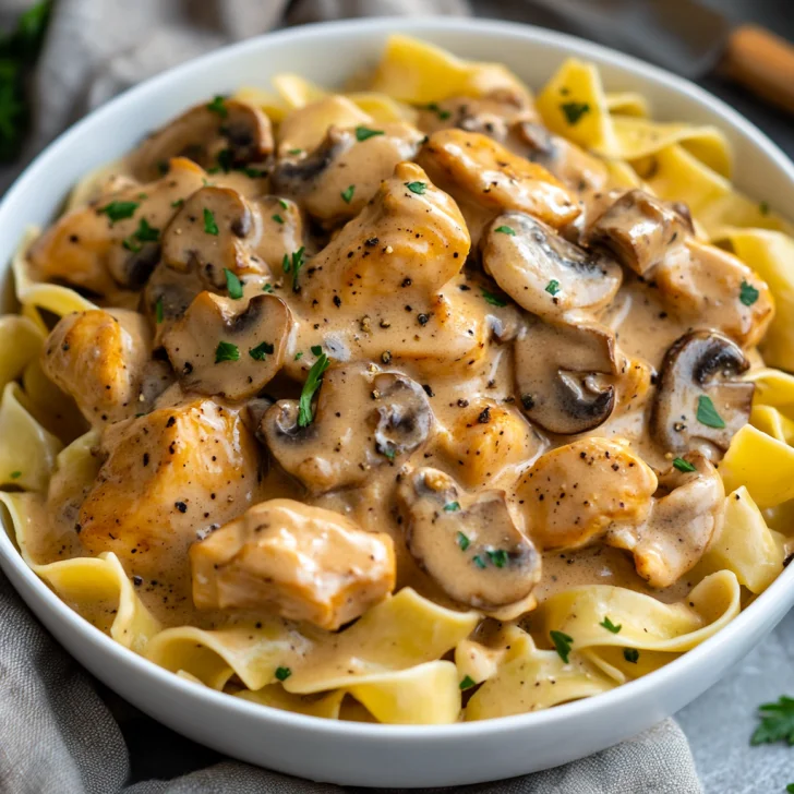 Creamy chicken stroganoff in a white bowl garnished with parsley and black pepper, served on a light wooden table with a fork.