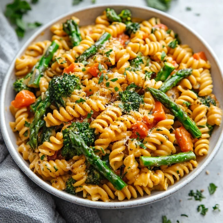 Creamy vegan pasta garnished with fresh herbs in a white bowl, showcasing vibrant veggies and rich sauce.