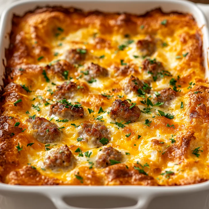 Crescent Roll Breakfast Casserole in a baking dish, topped with parsley and melted cheese, served with a fork