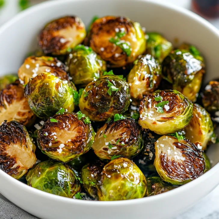 Crispy Air Fryer Brussels Sprouts in a white bowl, drizzled with balsamic glaze and topped with Parmesan cheese