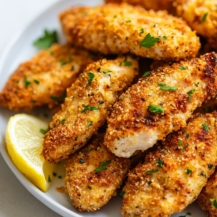Crispy Air Fryer Chicken Tenders on a white plate garnished with parsley and lemon wedges