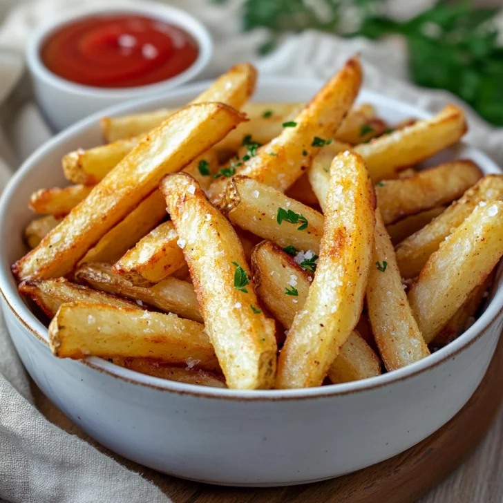 Crispy air fryer french fries in a white bowl garnished with parsley, served with ketchup on a light wood surface.