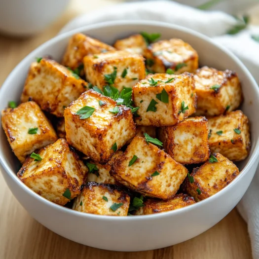 Crispy Air Fryer Tofu cubes in a white bowl, garnished with parsley and a drizzle of soy sauce