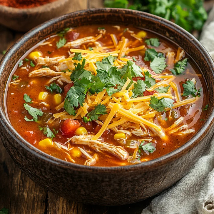 Bowl of Crock Pot Chicken Tortilla Soup topped with cheese and tortilla strips on a wooden surface