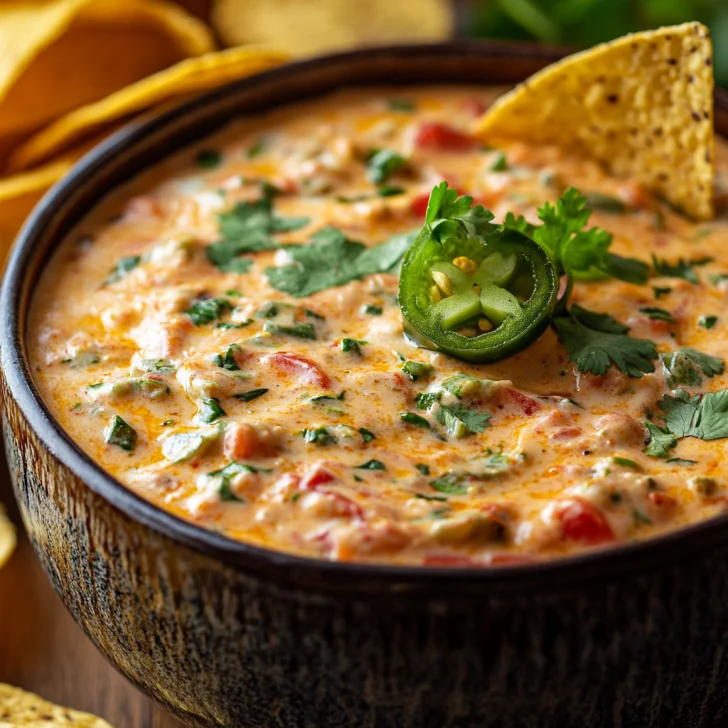 Bowl of Crock Pot Rotel Dip topped with fresh cilantro and jalapeños, surrounded by tortilla chips on a light wooden table.