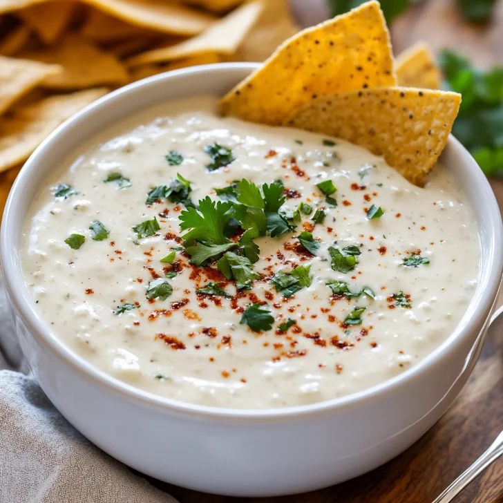 Creamy crock pot white queso dip in a white bowl, garnished with paprika, cilantro, and diced chilies, served with tortilla chips